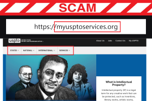 Red text reading SCAM above an image of website home page and address of scam myusptoservices.org