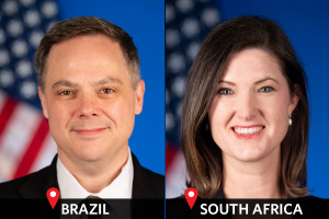 Portraits of USPTO IP Attaches Cairo Jennings and Katherine Hiner. Location icons are layered above the portraits with labels: "Brazil" and "South Africa."