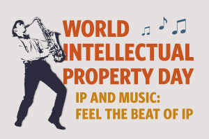 World Intellectual Property Day, April 26, 2025, IP and music: Feel the beat of IP. Graphic of a man in a shirt with a bow tie and hat on playing a saxophone.