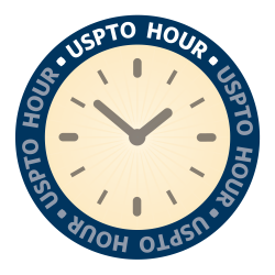 Circular logo with clock face, with "USPTO Hour" text around the edge.